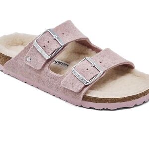 Birkenstock Arizona Rivet wool shearling sandals pink two strap size 39